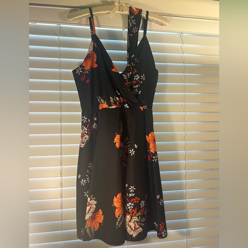 Floral Mini Dress in Black and Orange with Waist Tie